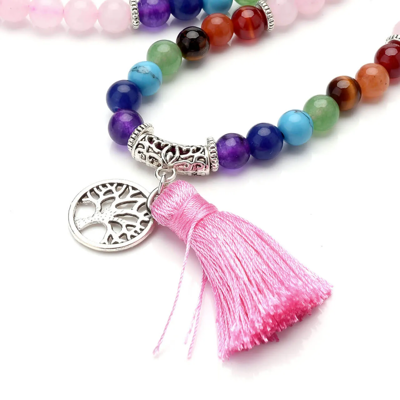 108 Rose Quartz 7 Chakra Mala Beads Natural Necklace | Jovivi