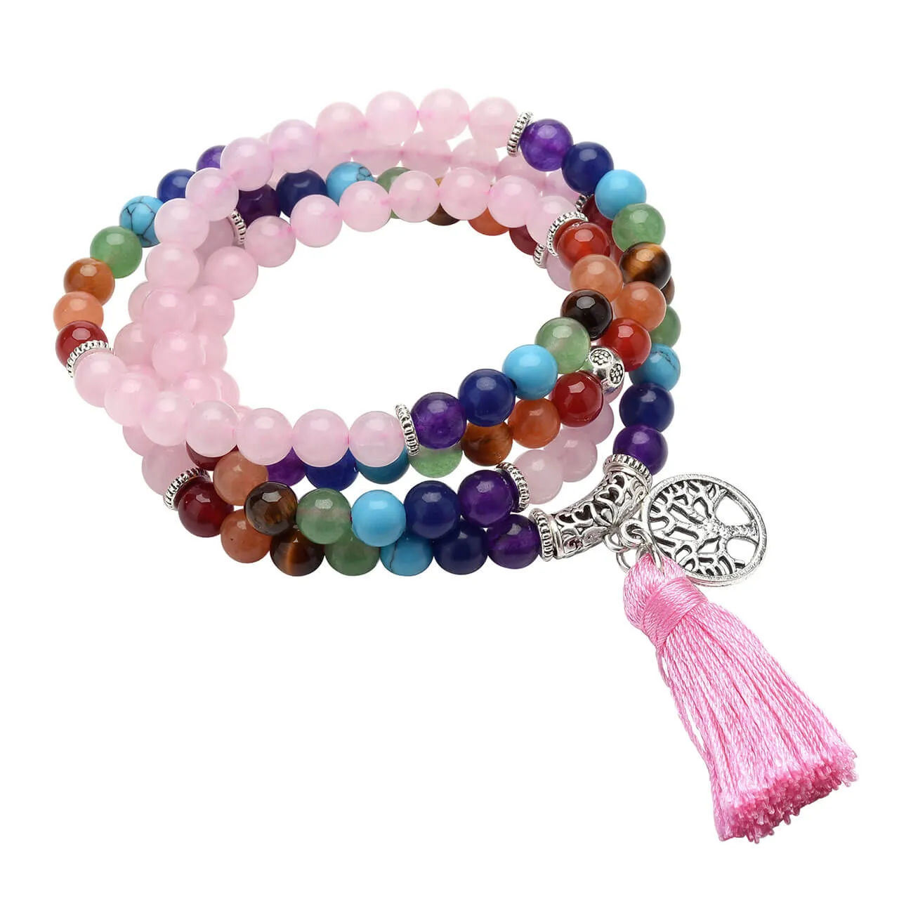 108 Rose Quartz 7 Chakra Mala Beads Natural Necklace | Jovivi