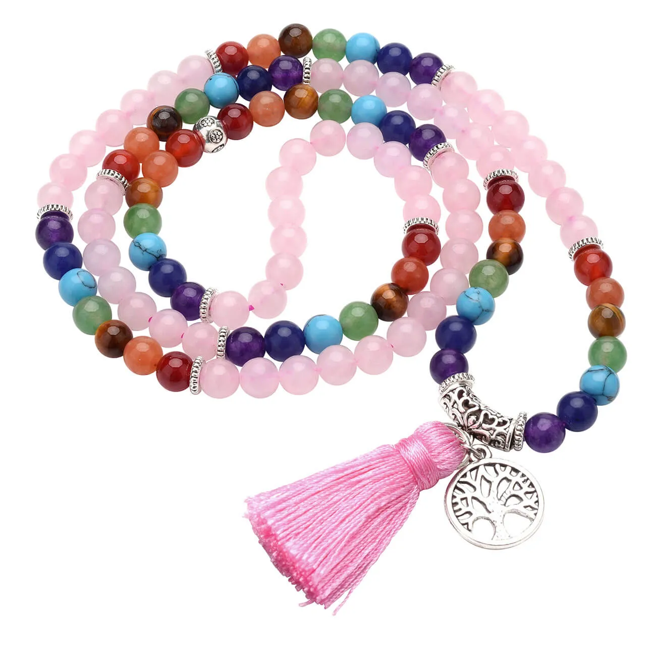 108 Rose Quartz 7 Chakra Mala Beads Natural Necklace | Jovivi