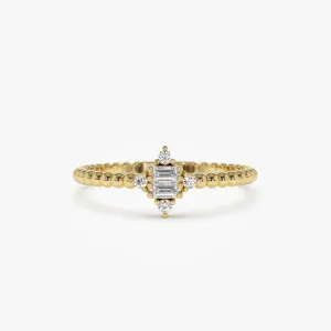 14k Beaded Baguette and Round Diamond Stacking Ring