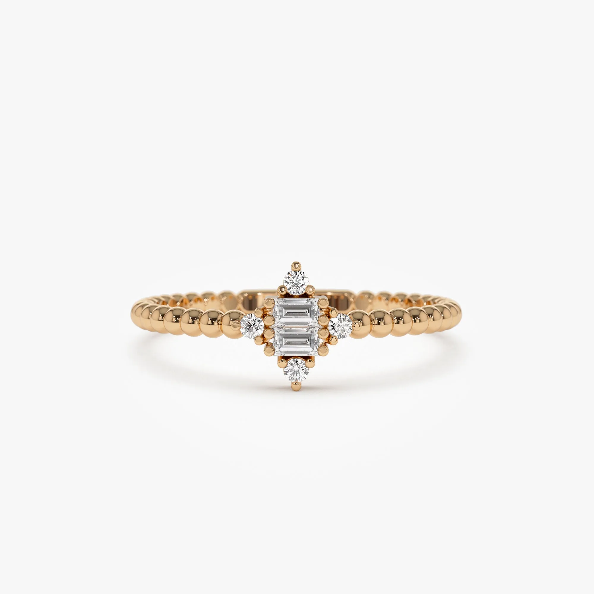 14k Beaded Baguette and Round Diamond Stacking Ring