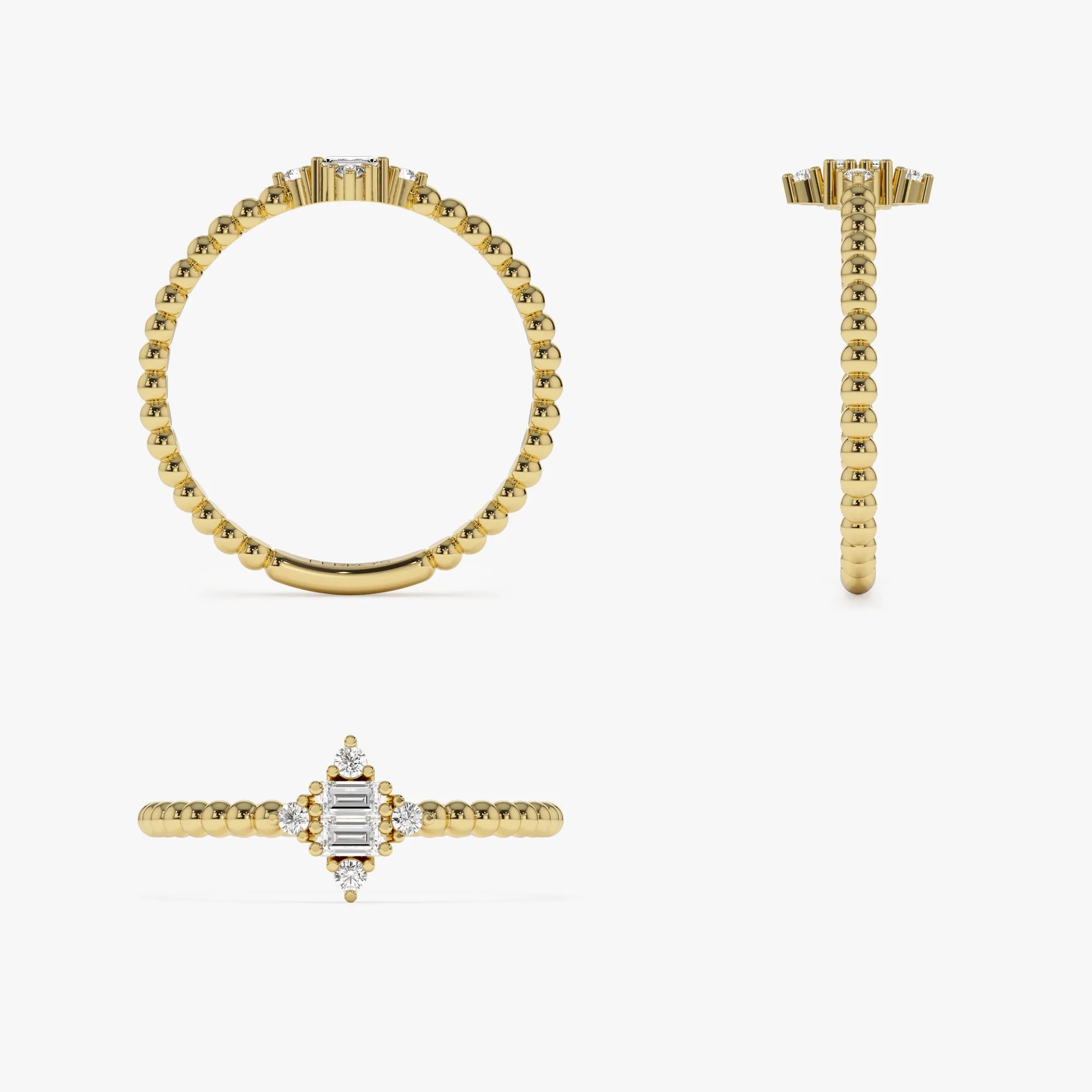 14k Beaded Baguette and Round Diamond Stacking Ring