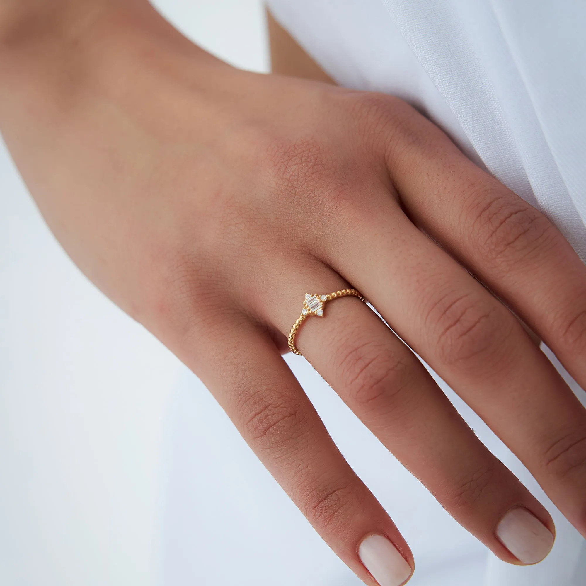 14k Beaded Baguette and Round Diamond Stacking Ring