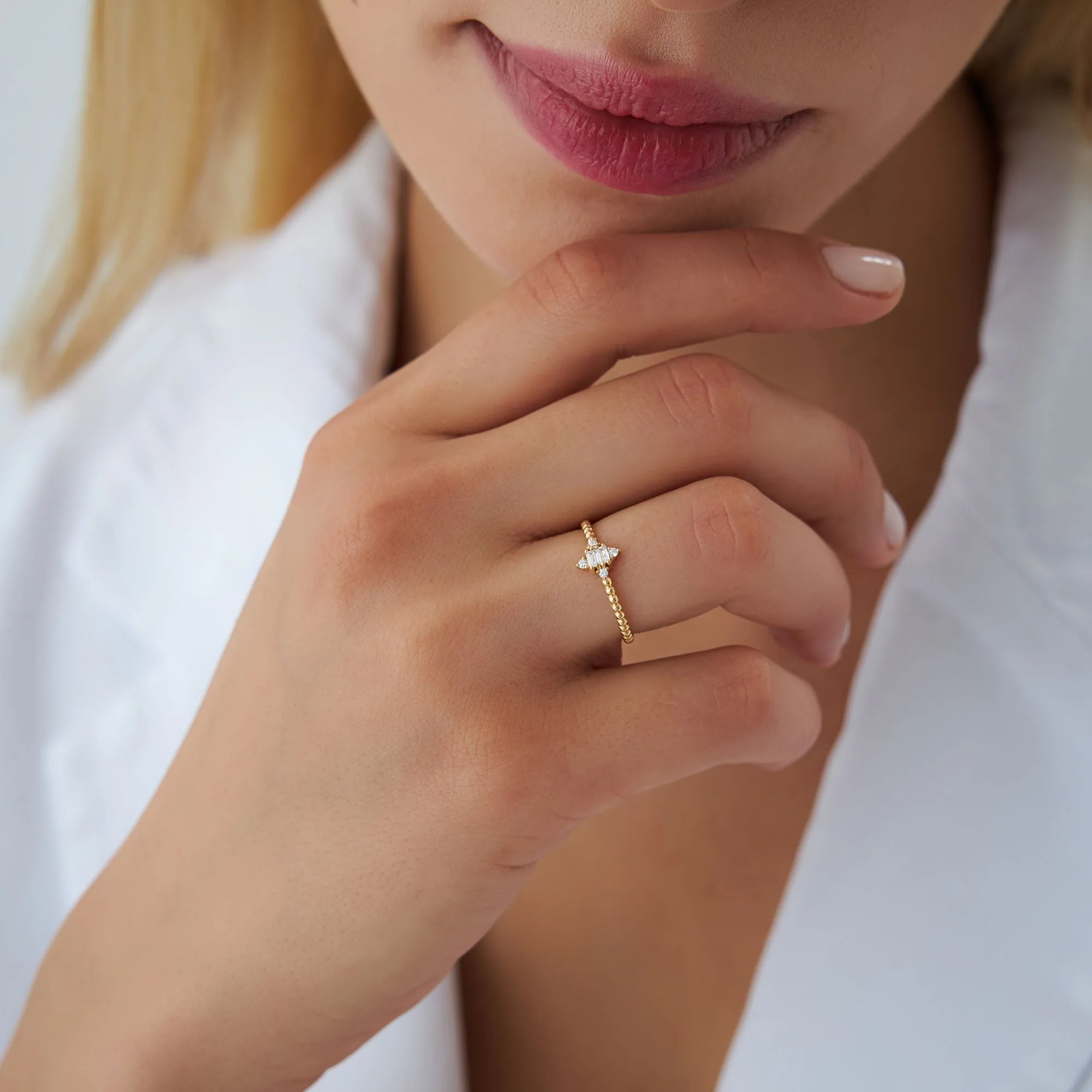 14k Beaded Baguette and Round Diamond Stacking Ring