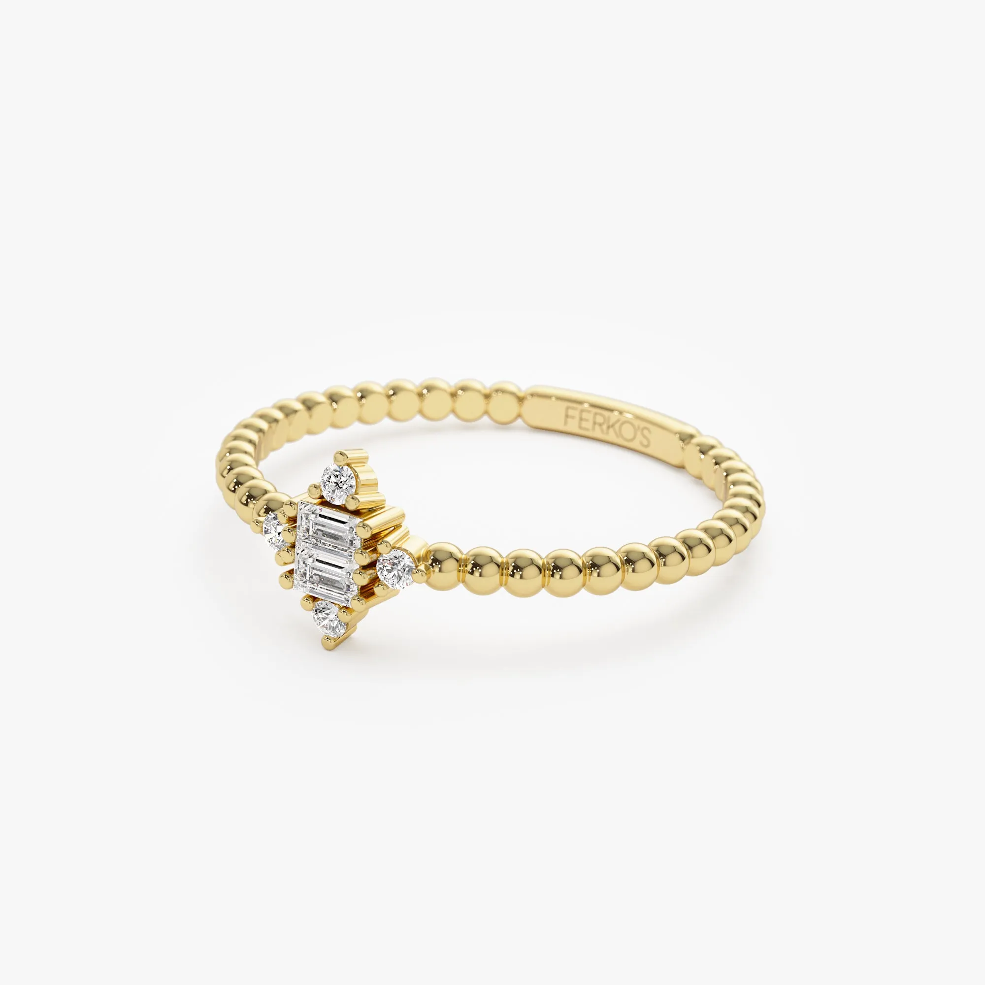 14k Beaded Baguette and Round Diamond Stacking Ring