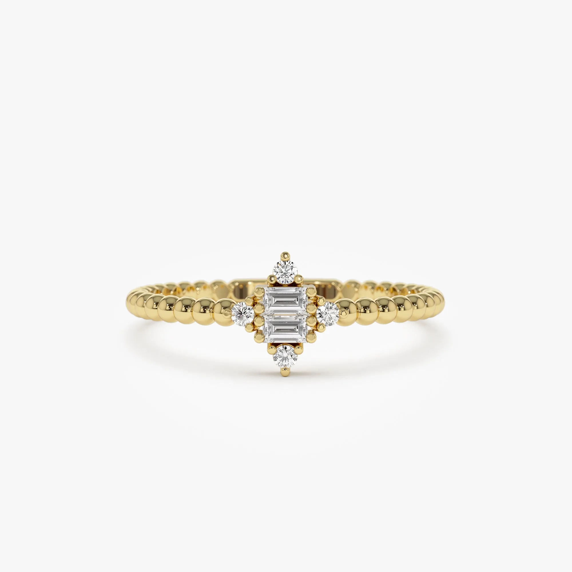 14k Beaded Baguette and Round Diamond Stacking Ring