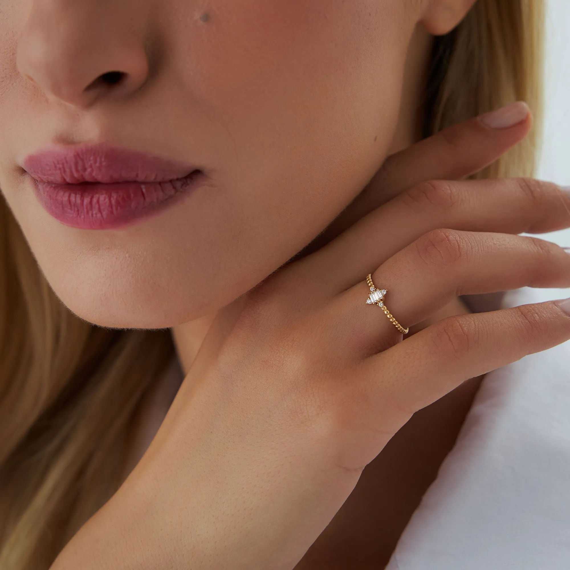 14k Beaded Baguette and Round Diamond Stacking Ring