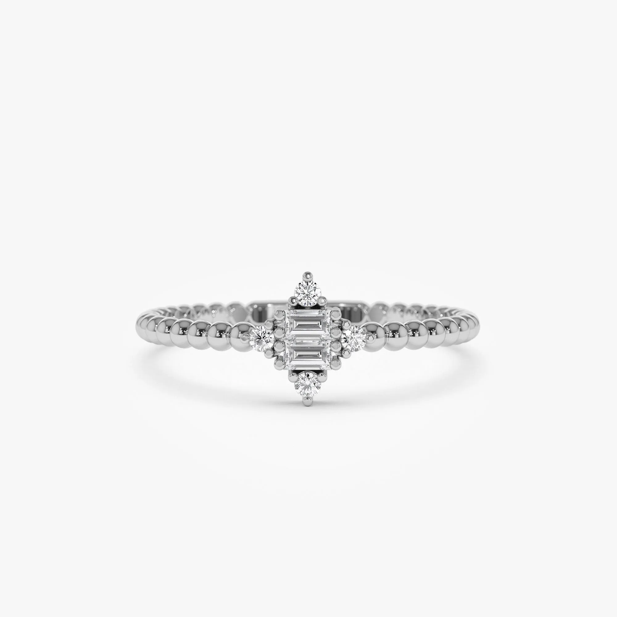14k Beaded Baguette and Round Diamond Stacking Ring