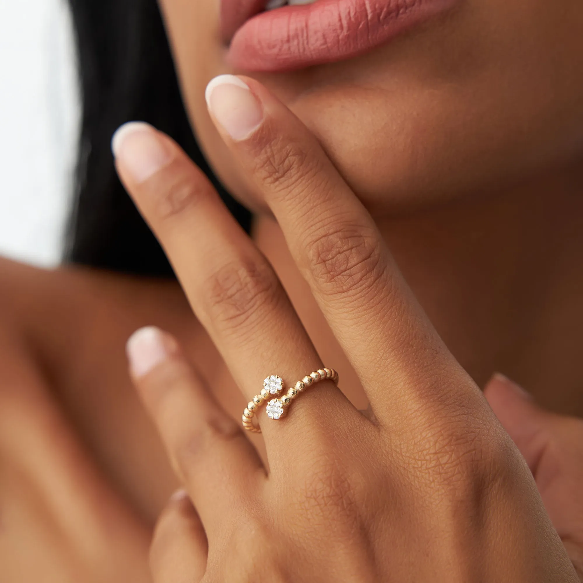 14k Beaded Open Bypass Diamond Illusion Ring