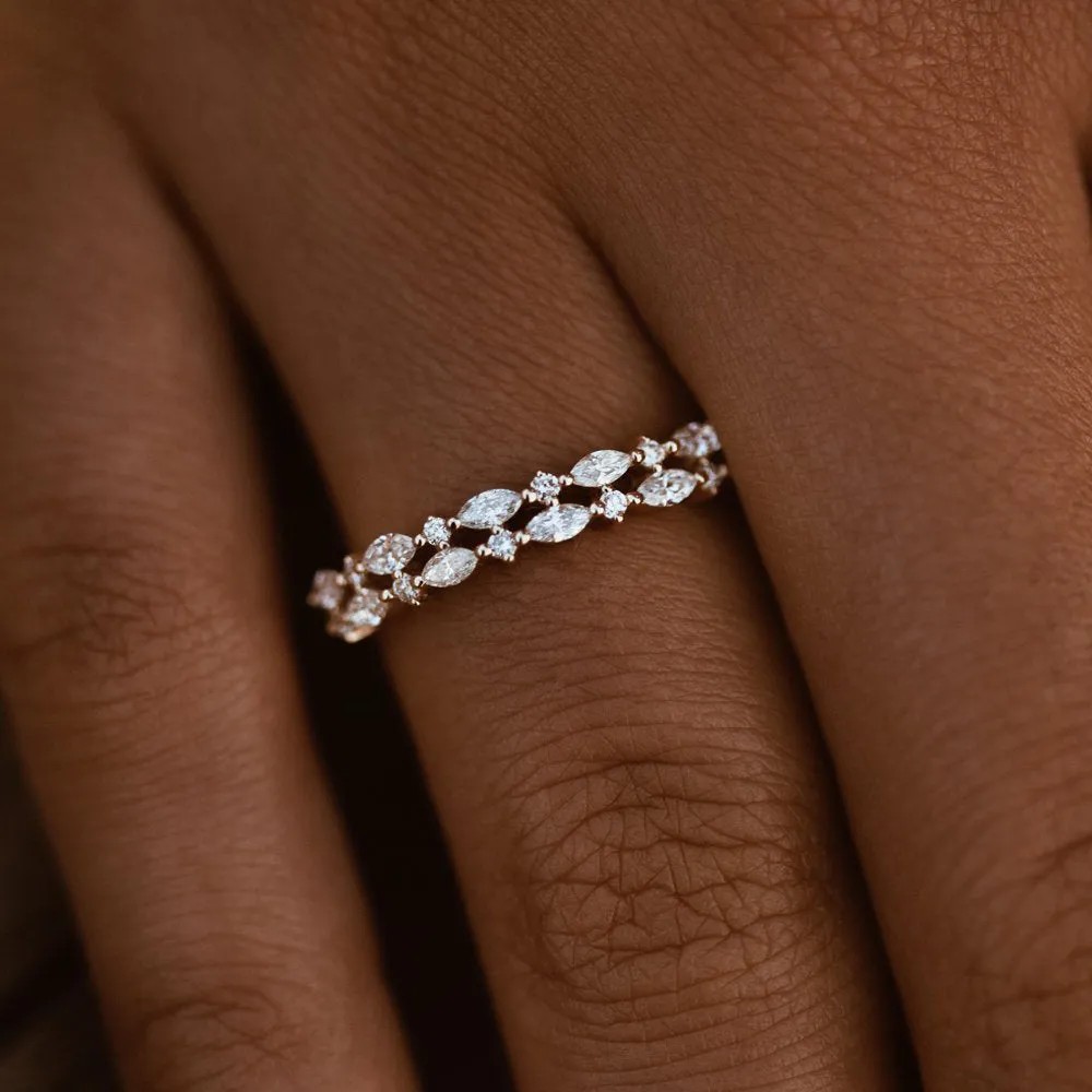14k Double Row Alternating Marquise Round Diamond Ring