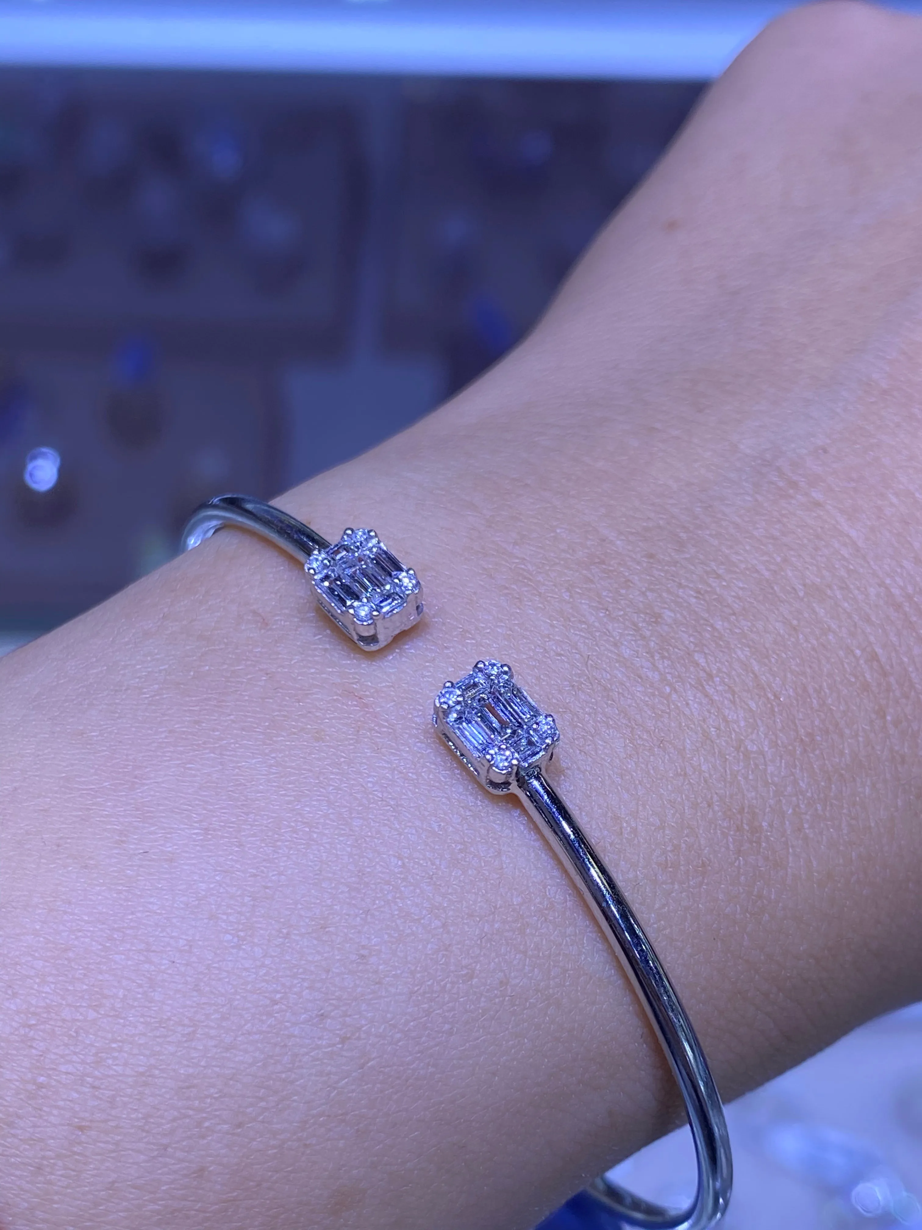 14K Gold Open Baguette Cluster Diamond Bangle