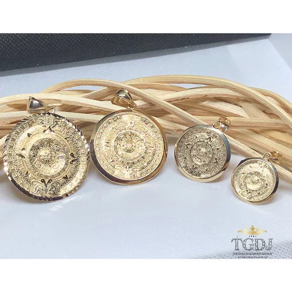 14K Solid Yellow Gold Aztec Calendar Pendant 21 mm - Sun Medal Necklace Charm