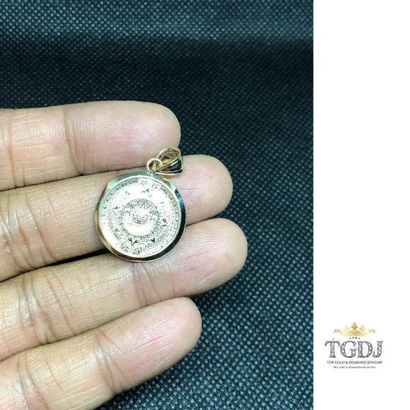 14K Solid Yellow Gold Aztec Calendar Pendant 21 mm - Sun Medal Necklace Charm