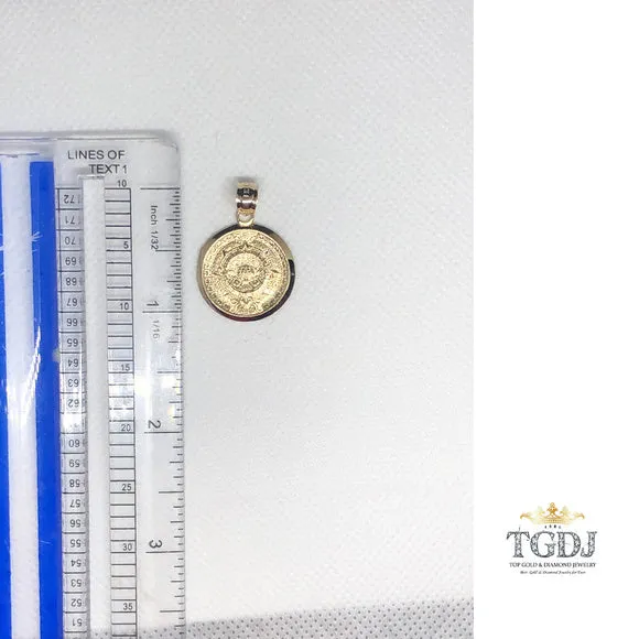14K Solid Yellow Gold Aztec Calendar Pendant 21 mm - Sun Medal Necklace Charm