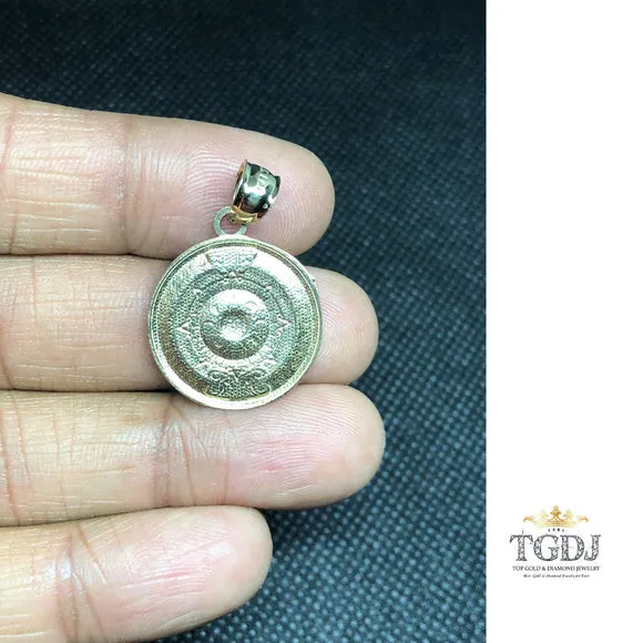 14K Solid Yellow Gold Aztec Calendar Pendant 21 mm - Sun Medal Necklace Charm