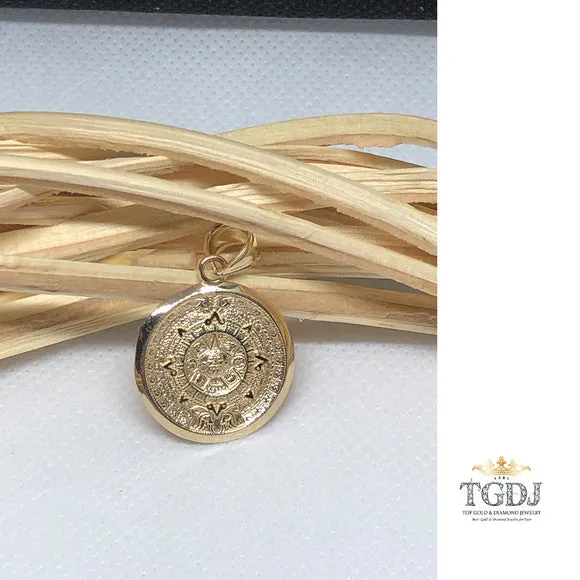 14K Solid Yellow Gold Aztec Calendar Pendant 21 mm - Sun Medal Necklace Charm