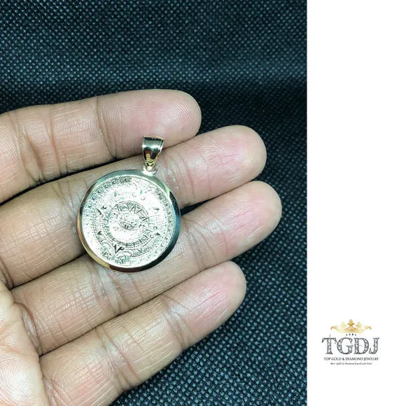 14k Solid Yellow Gold Aztec Calendar Pendant 27MM