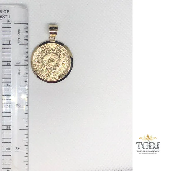 14k Solid Yellow Gold Aztec Calendar Pendant 27MM