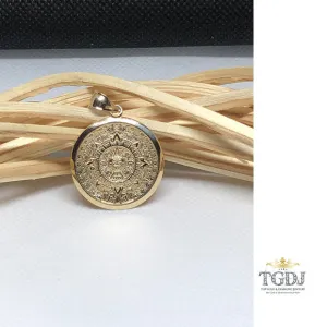 14k Solid Yellow Gold Aztec Calendar Pendant 27MM
