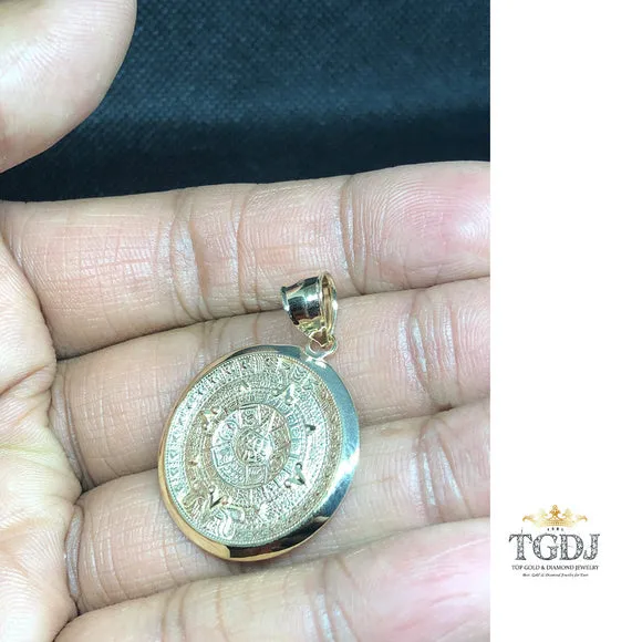 14k Solid Yellow Gold Aztec Calendar Pendant 27MM