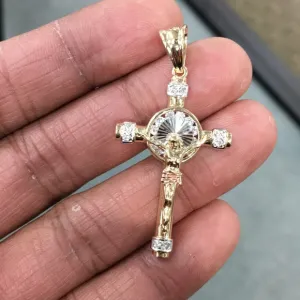 14K Tri Color Cubic Zirconia Religious Crucifix Pendant