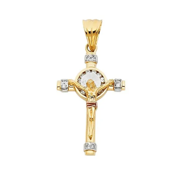 14K Tri Color Cubic Zirconia Religious Crucifix Pendant