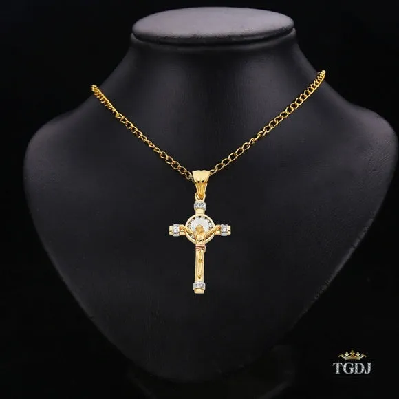 14K Tri Color Cubic Zirconia Religious Crucifix Pendant