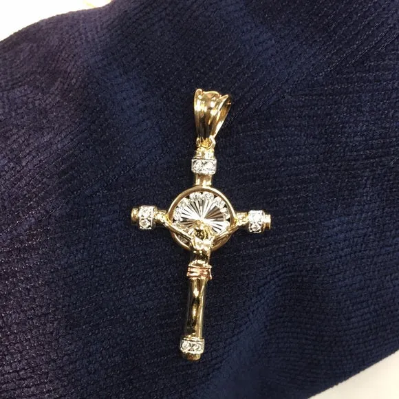 14K Tri Color Cubic Zirconia Religious Crucifix Pendant
