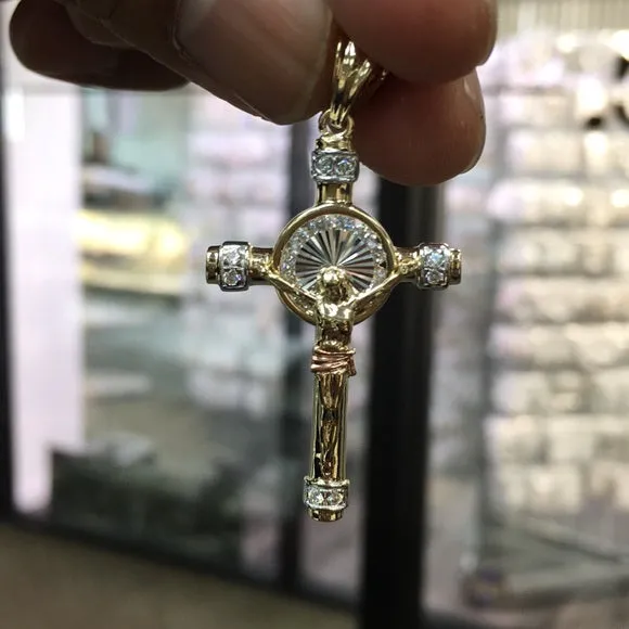 14K Tri Color Cubic Zirconia Religious Crucifix Pendant