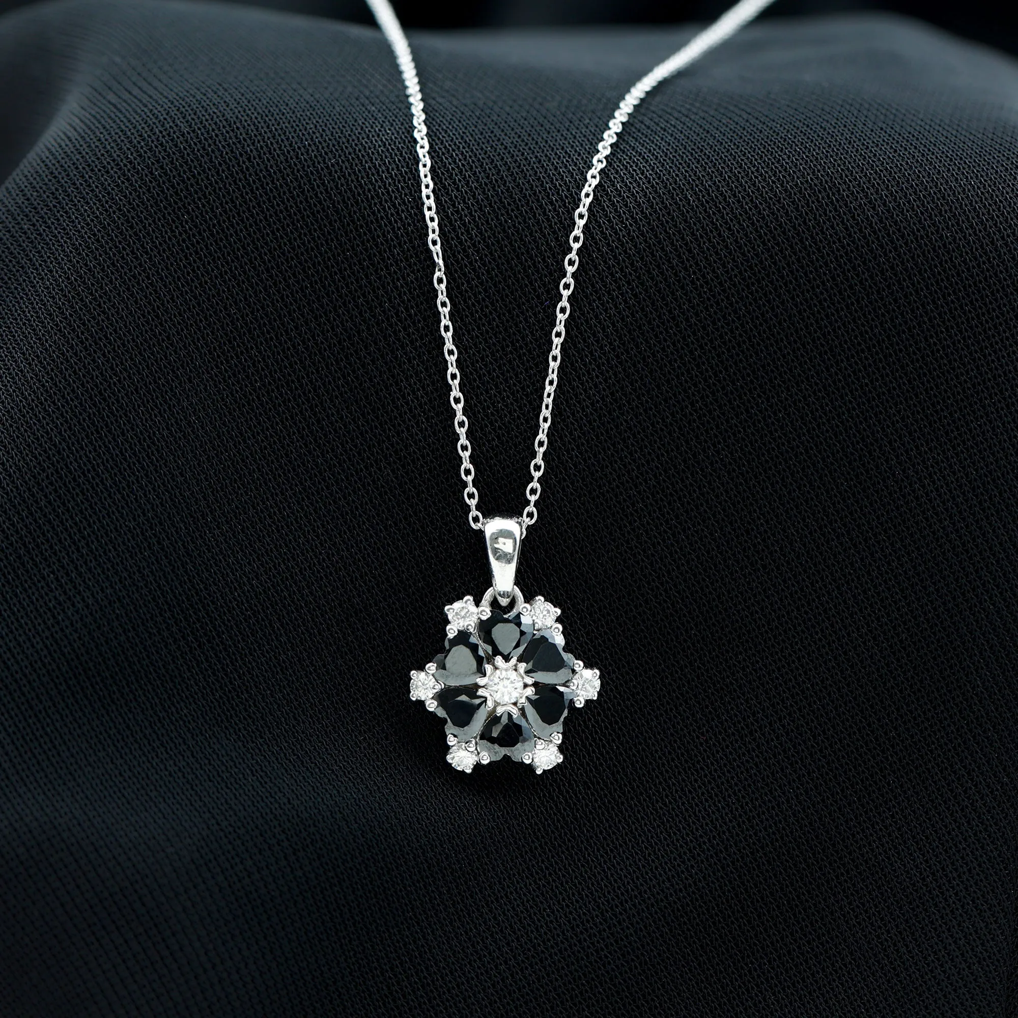 1.75 CT Heart Shape Black Onyx and Moissanite Flower Pendant
