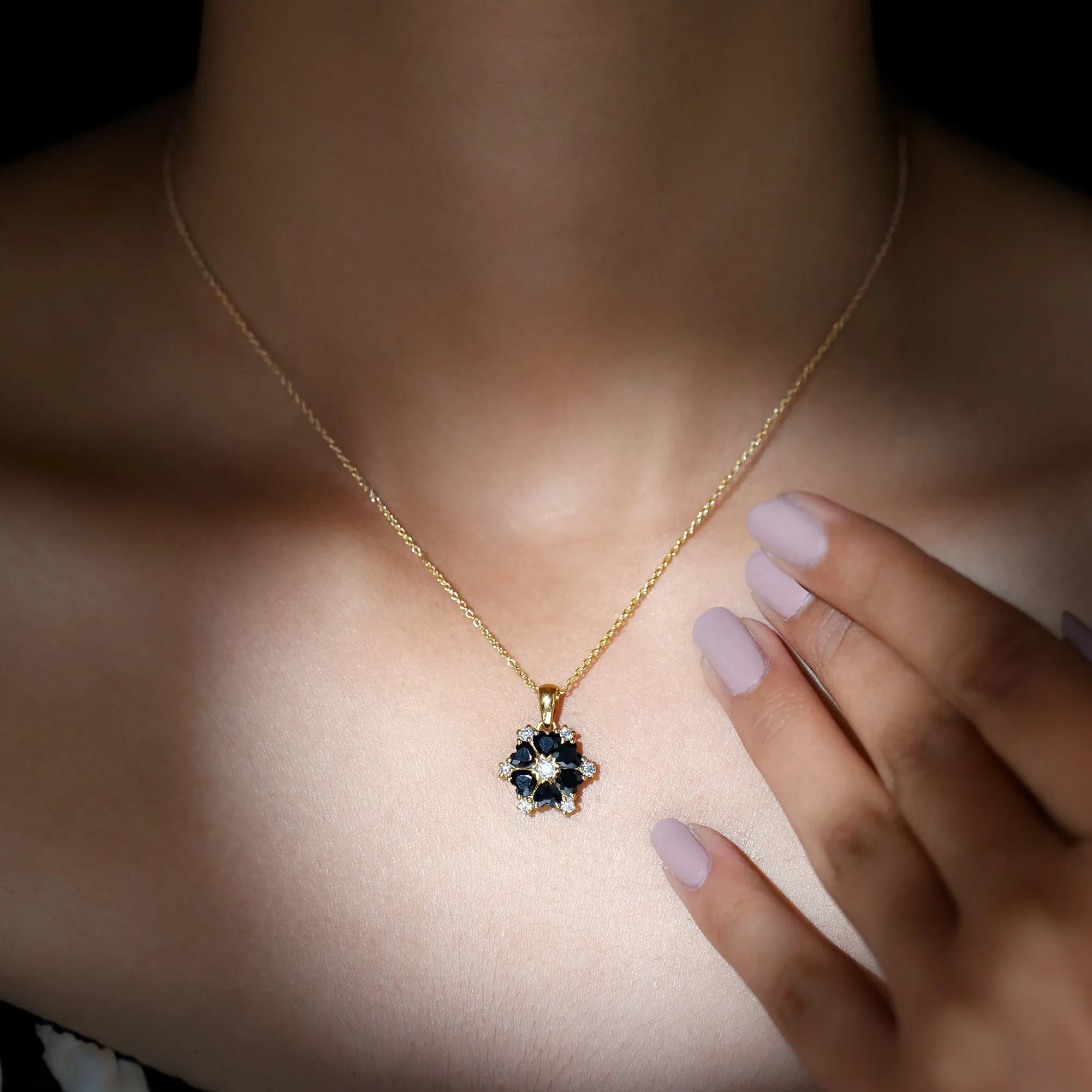 1.75 CT Heart Shape Black Onyx and Moissanite Flower Pendant