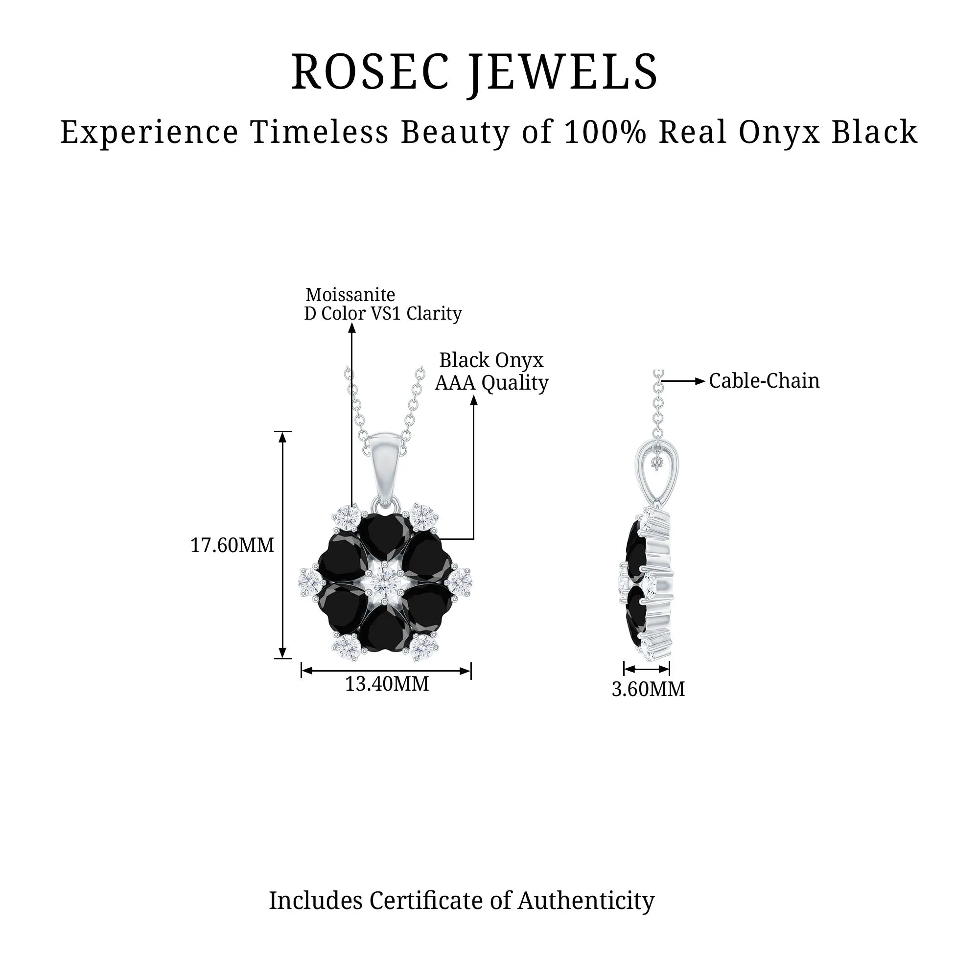 1.75 CT Heart Shape Black Onyx and Moissanite Flower Pendant