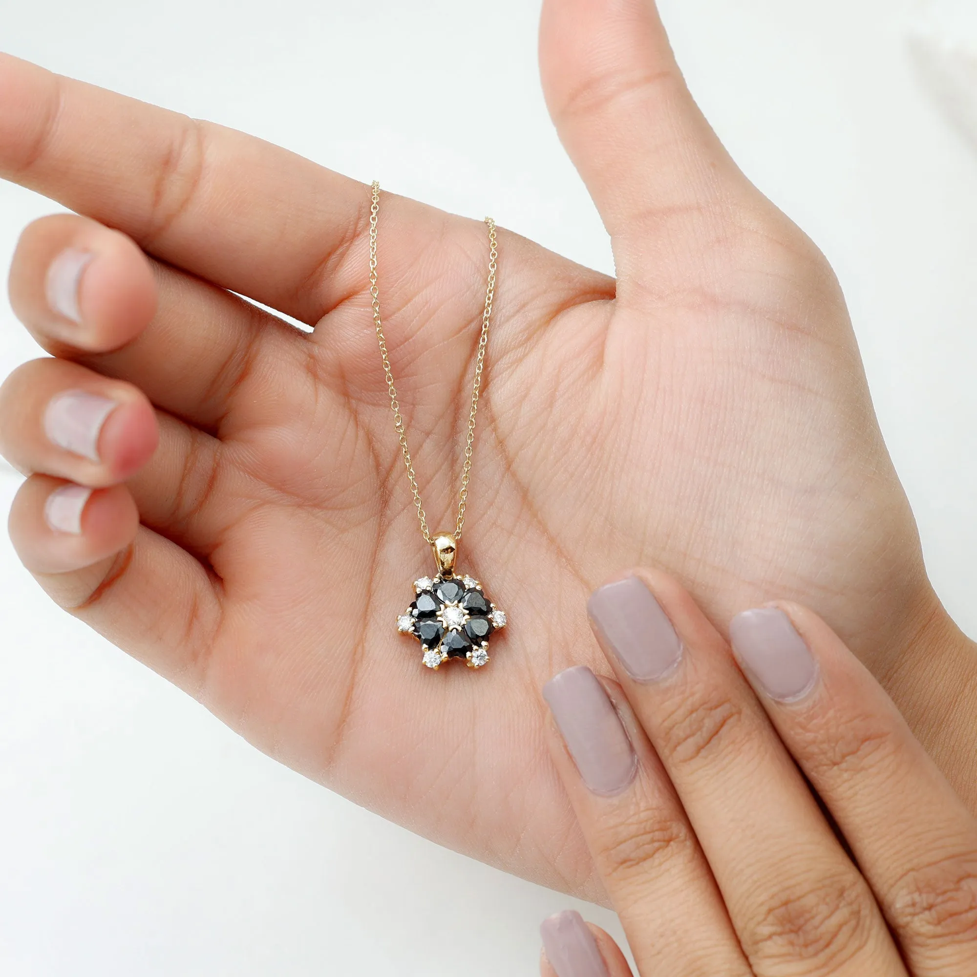 1.75 CT Heart Shape Black Onyx and Moissanite Flower Pendant