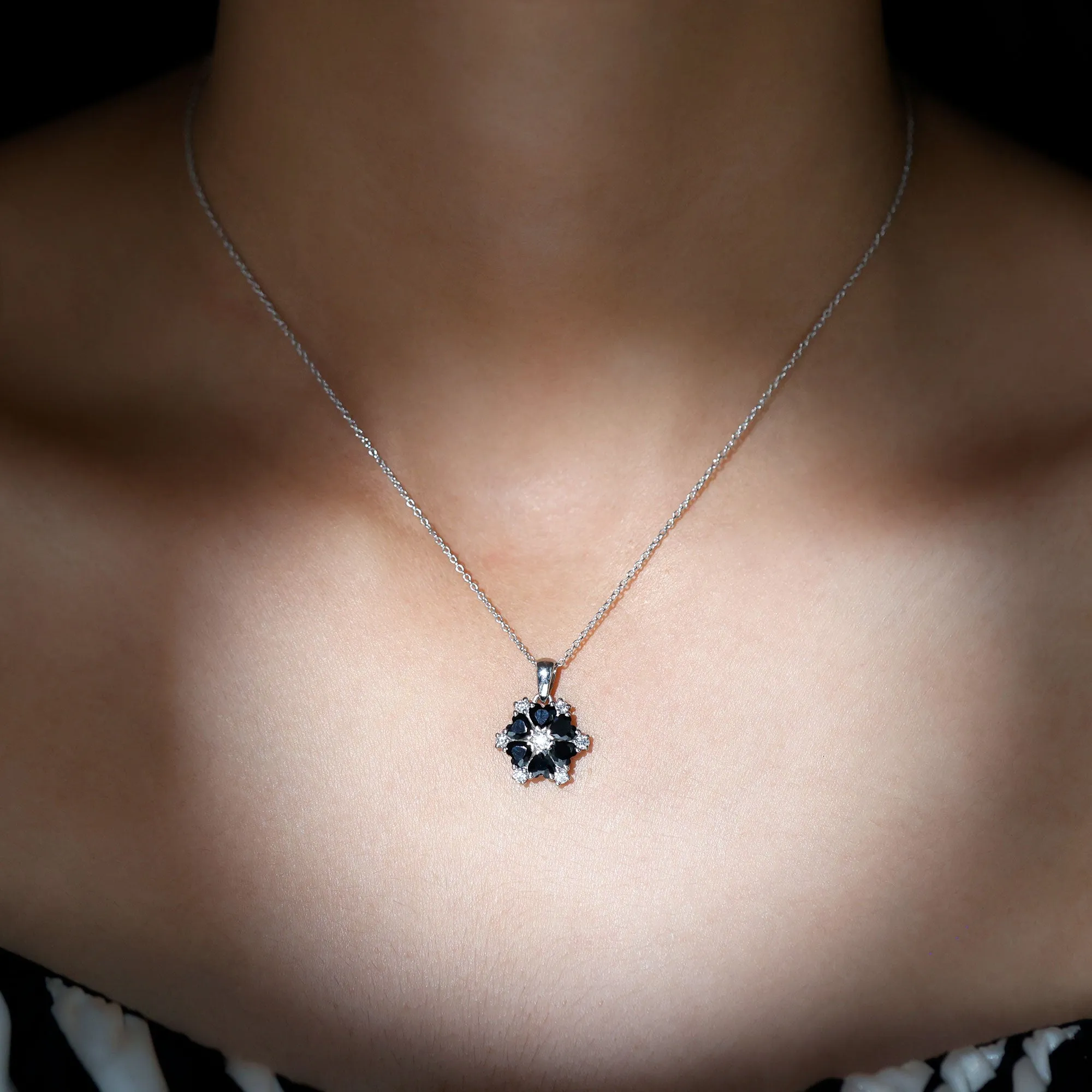 1.75 CT Heart Shape Black Onyx and Moissanite Flower Pendant