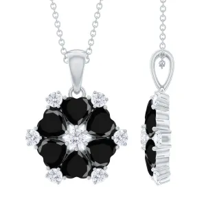 1.75 CT Heart Shape Black Onyx and Moissanite Flower Pendant