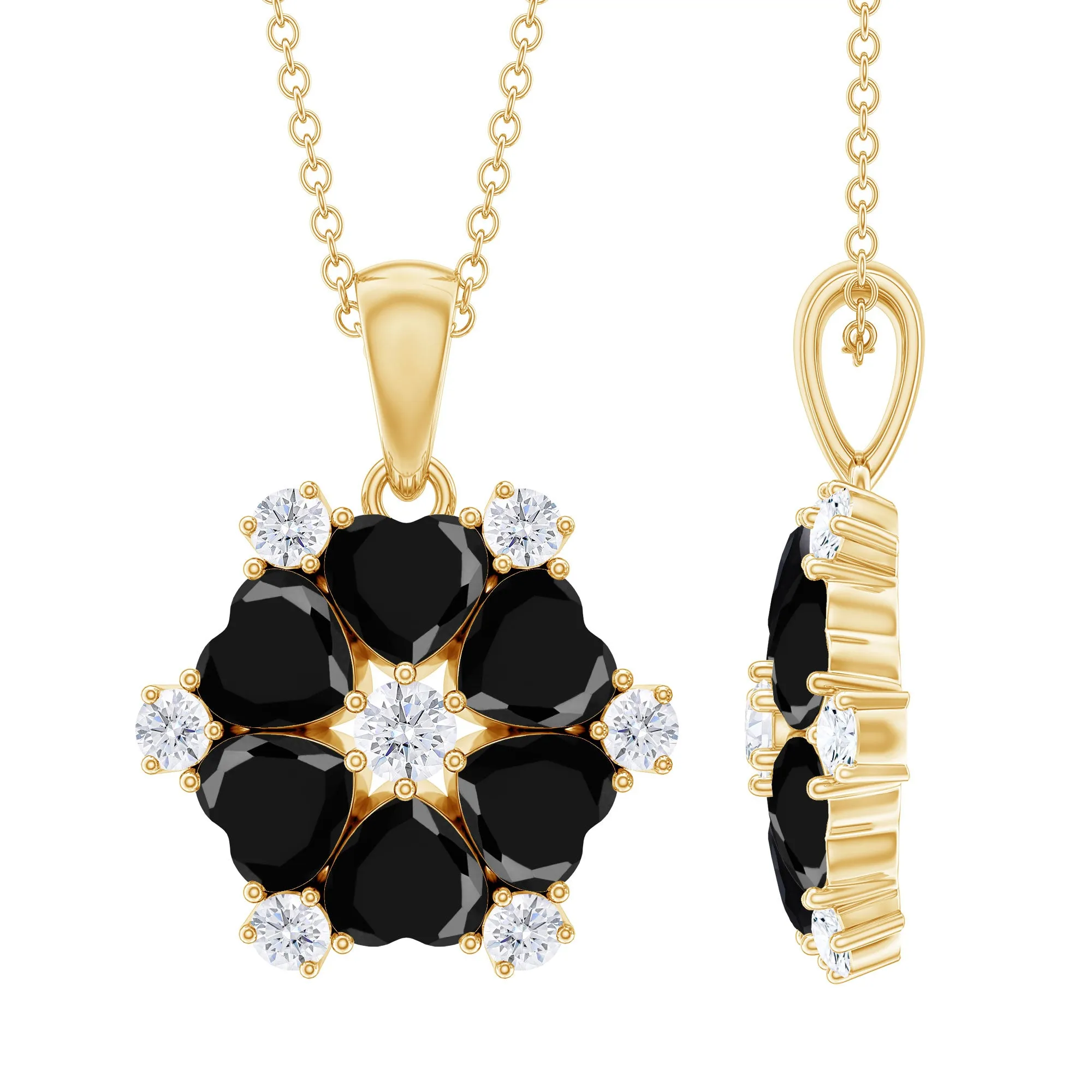 1.75 CT Heart Shape Black Onyx and Moissanite Flower Pendant