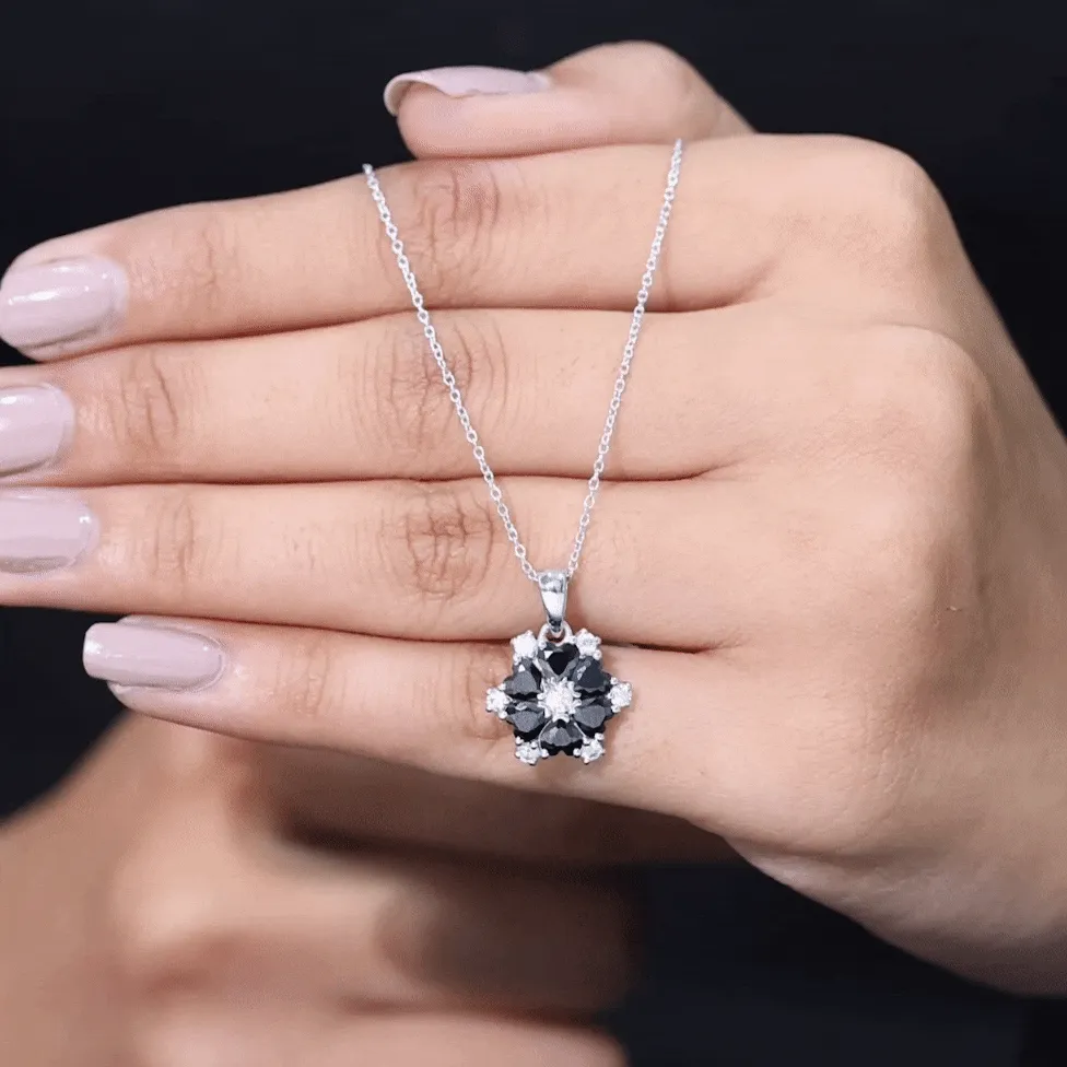 1.75 CT Heart Shape Black Onyx and Moissanite Flower Pendant