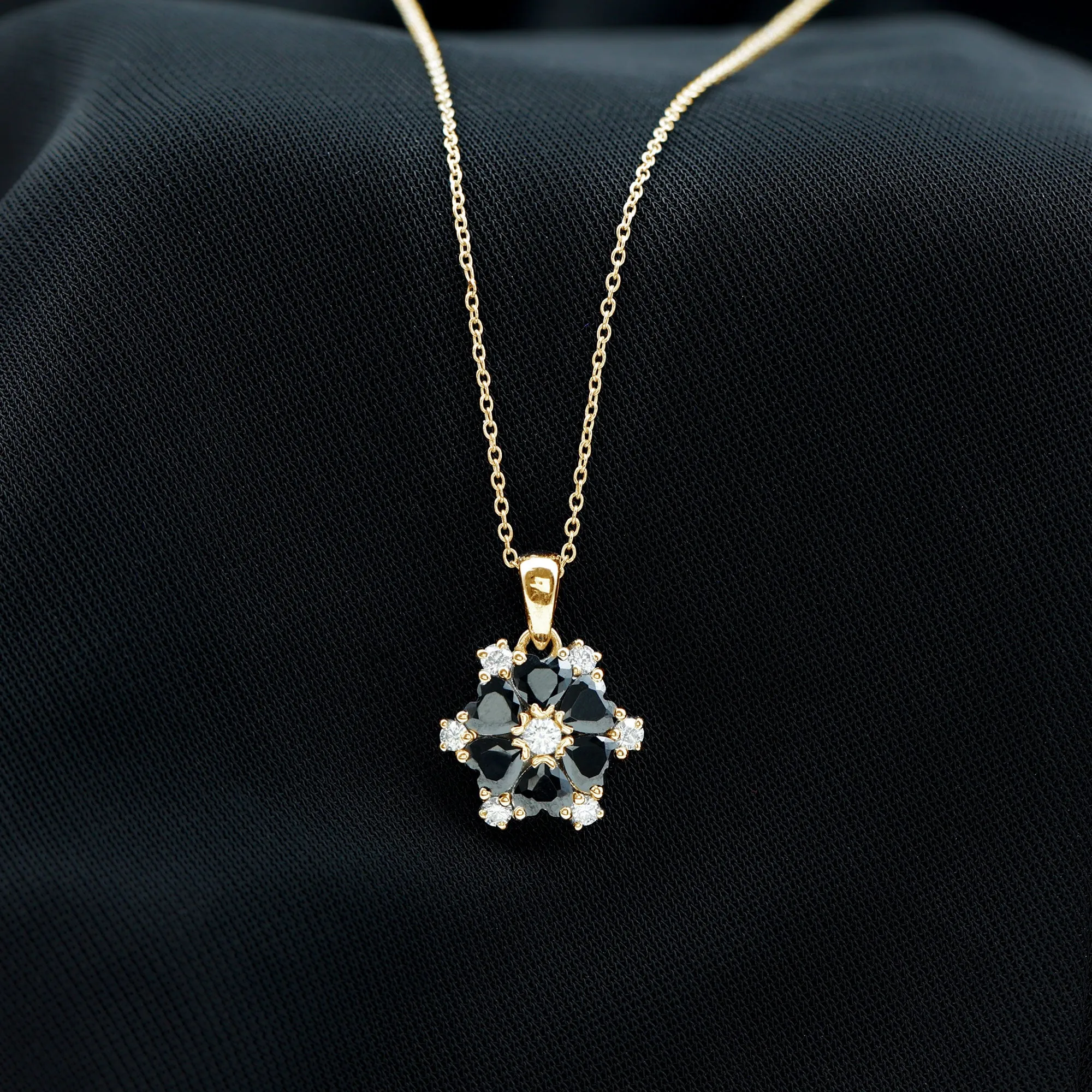 1.75 CT Heart Shape Black Onyx and Moissanite Flower Pendant