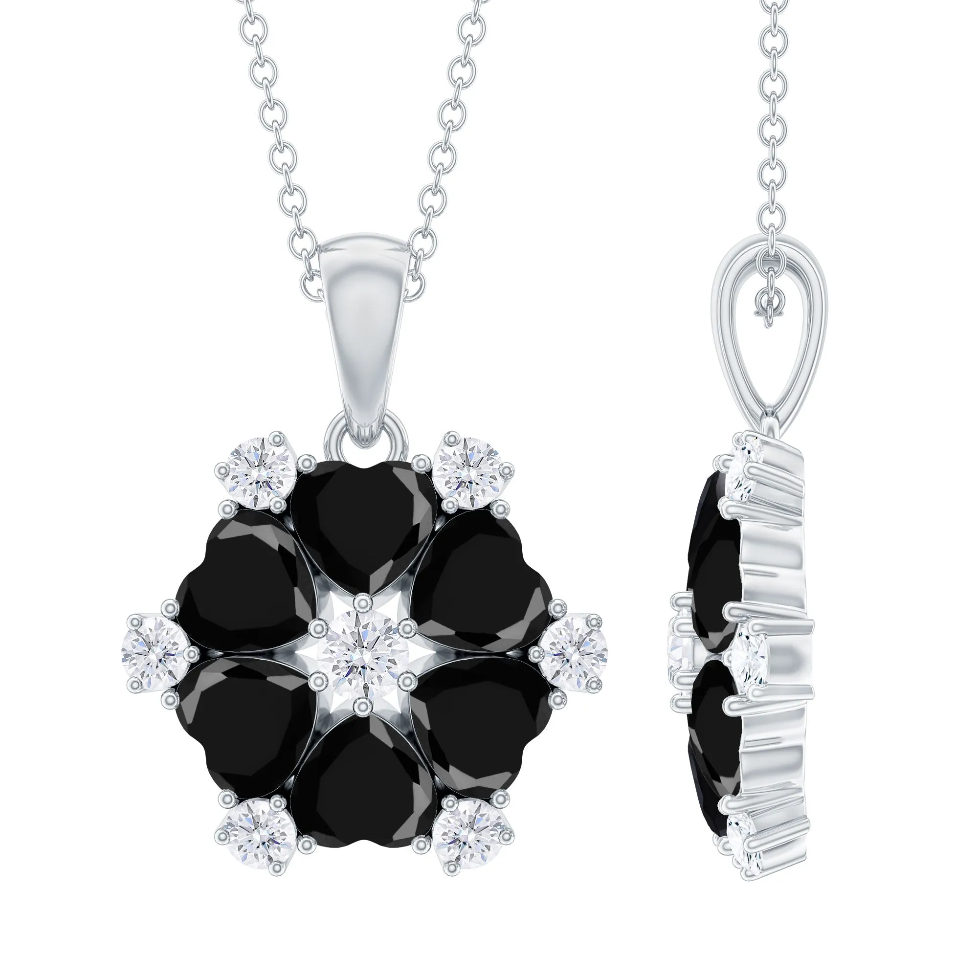 1.75 CT Heart Shape Black Onyx and Moissanite Flower Pendant