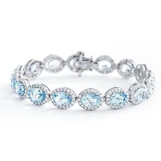 18ct White Gold Aquamarine and Diamond 21.00ct Oval Halo Bracelet Women's 9mm 7.5" GIFT Box