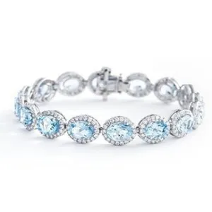 18ct White Gold Aquamarine and Diamond 21.00ct Oval Halo Bracelet Women's 9mm 7.5" GIFT Box