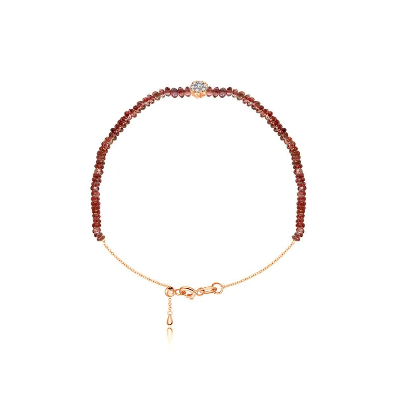 18k Gold Ruby Beaded with Flower Shape Diamond Bracelet