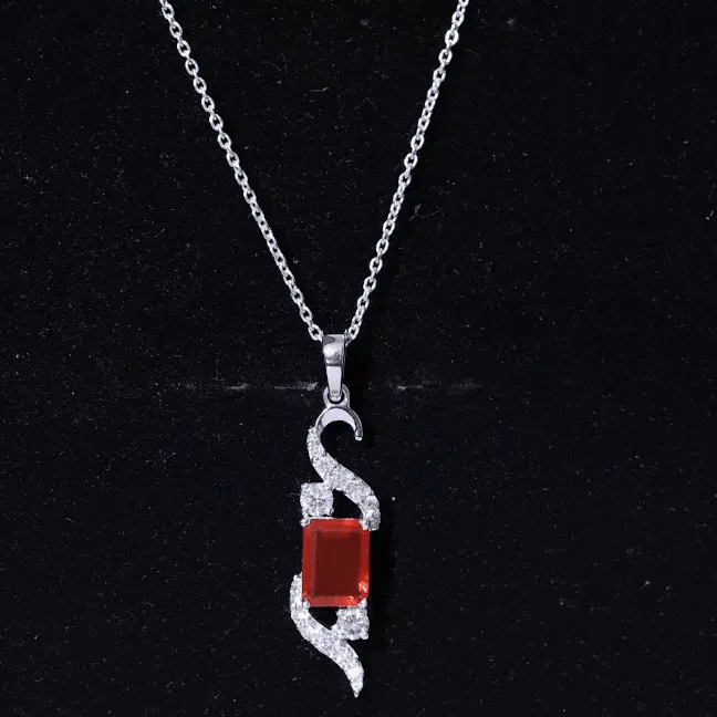 2.25 CT Emerald Cut Fire Opal Designer Drop Pendant with Diamond