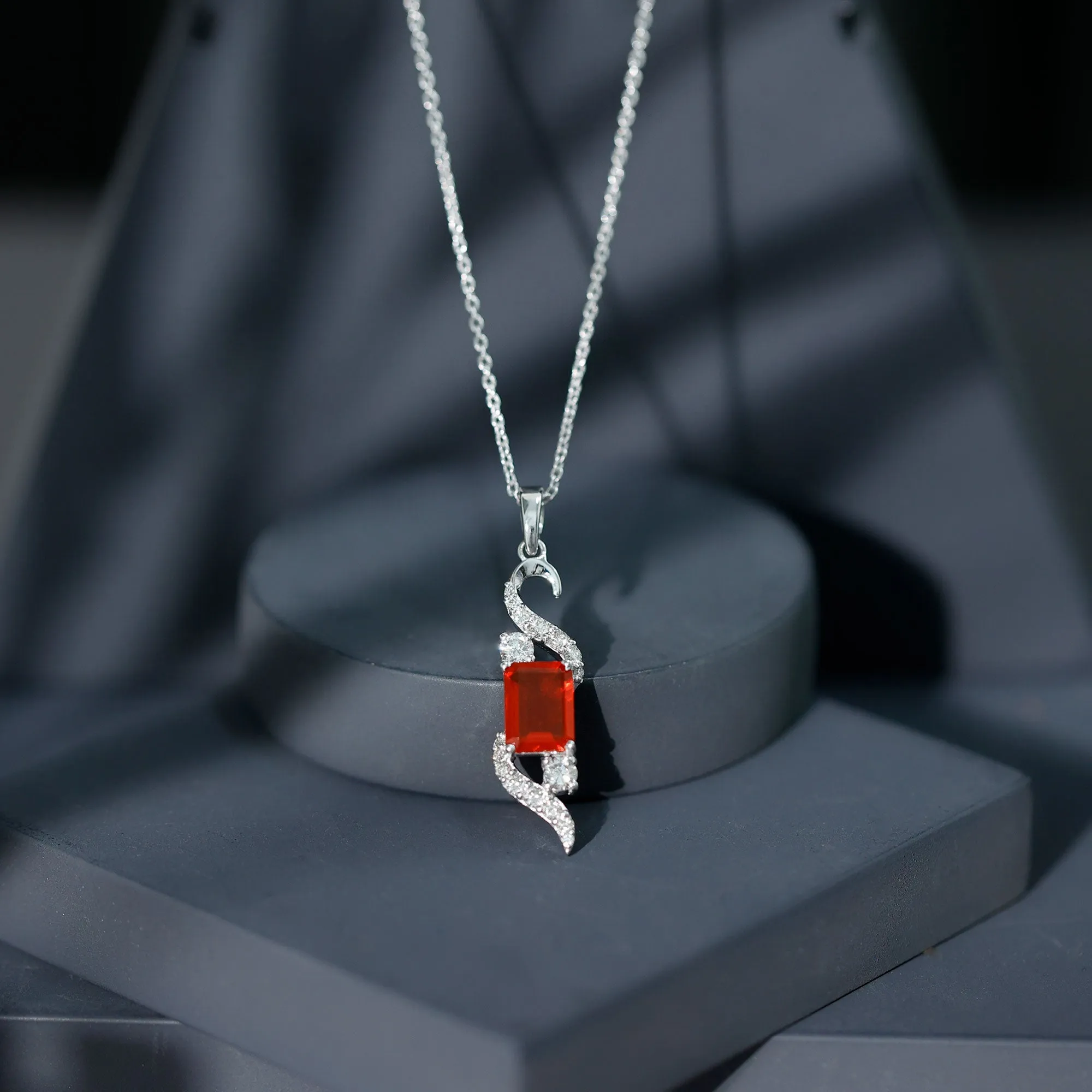 2.25 CT Emerald Cut Fire Opal Designer Drop Pendant with Diamond