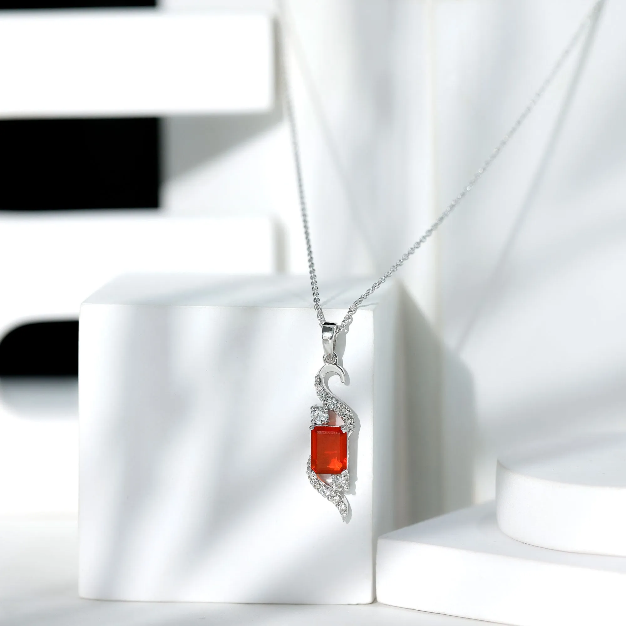 2.25 CT Emerald Cut Fire Opal Designer Drop Pendant with Diamond
