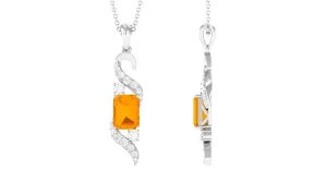 2.25 CT Emerald Cut Fire Opal Designer Drop Pendant with Diamond