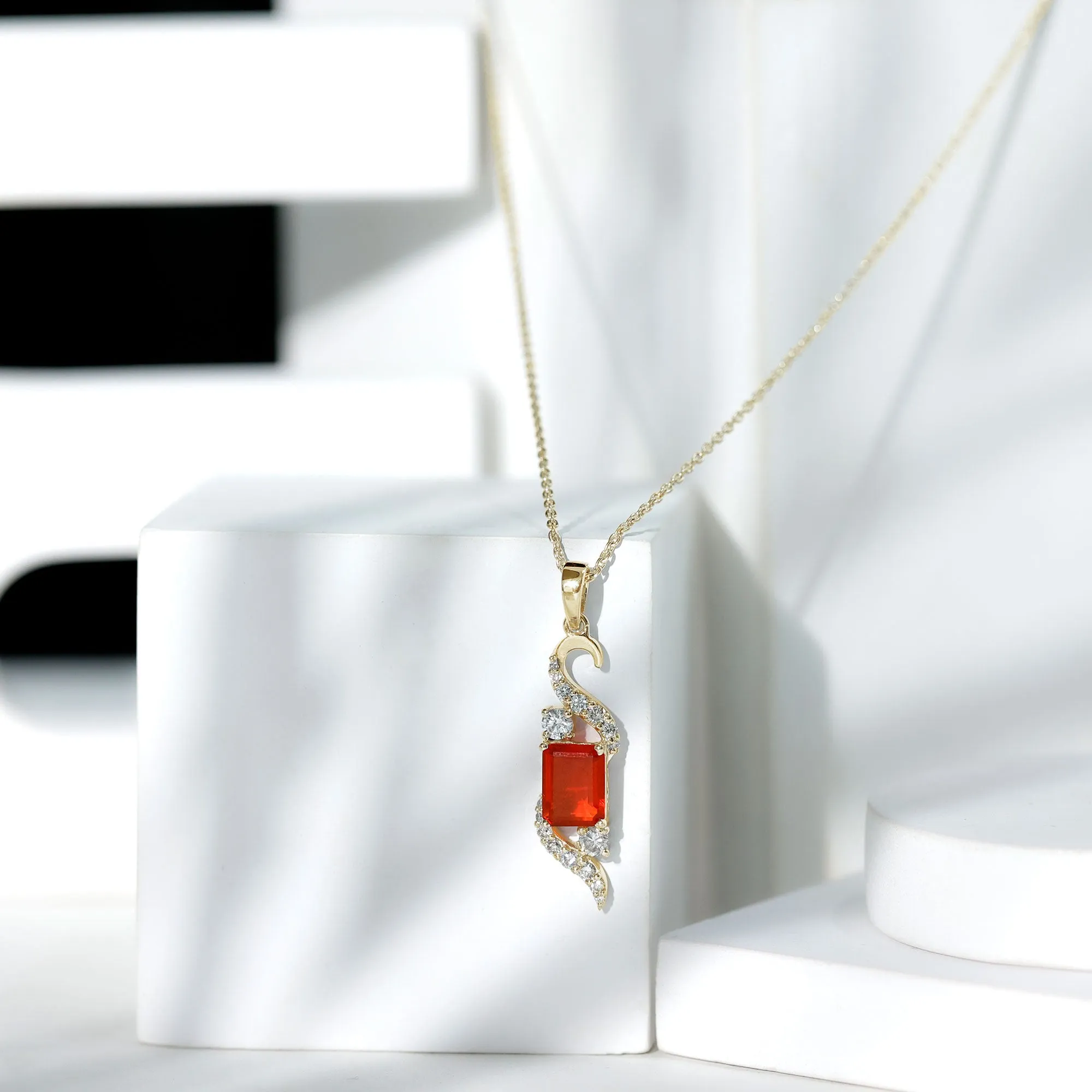 2.25 CT Emerald Cut Fire Opal Designer Drop Pendant with Diamond