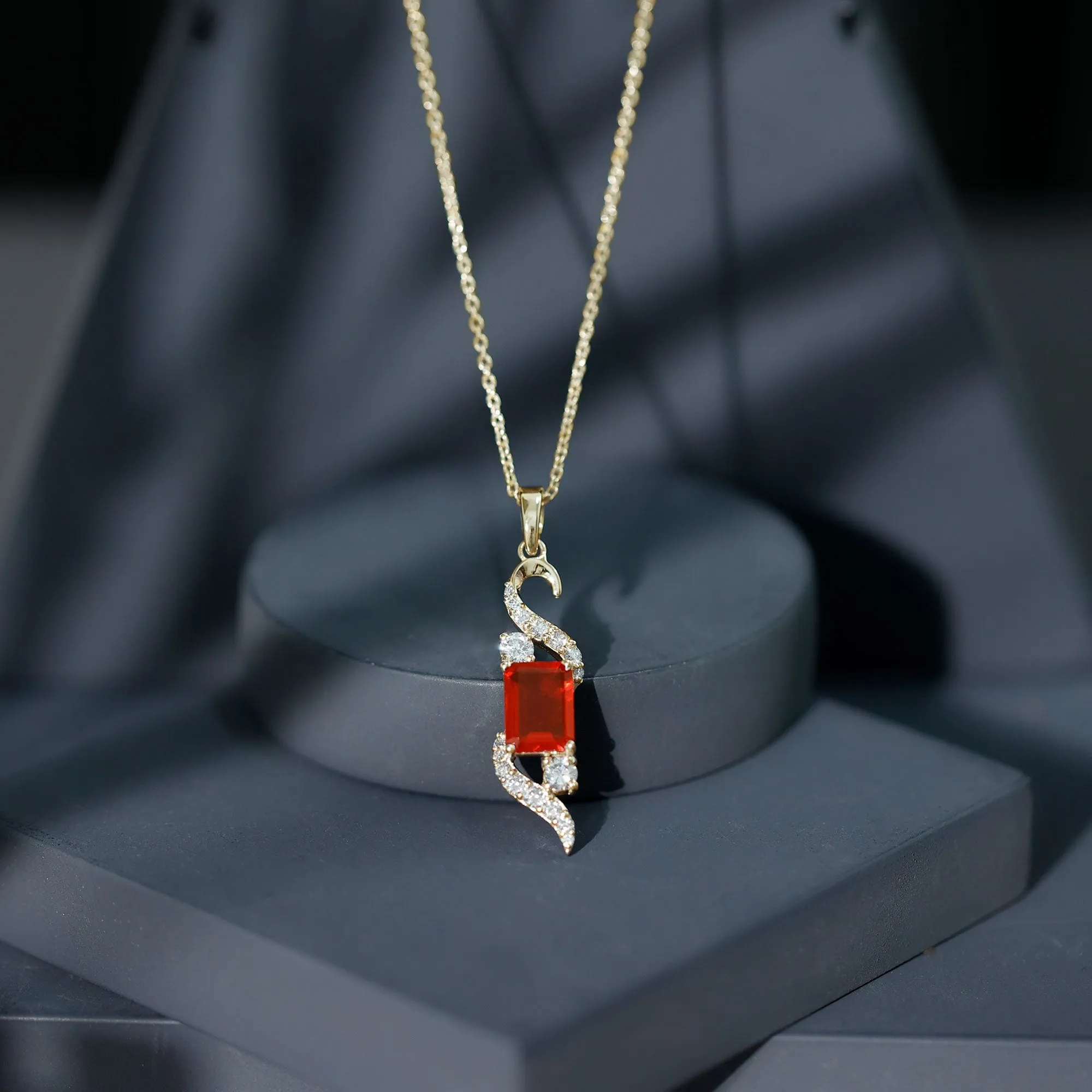 2.25 CT Emerald Cut Fire Opal Designer Drop Pendant with Diamond