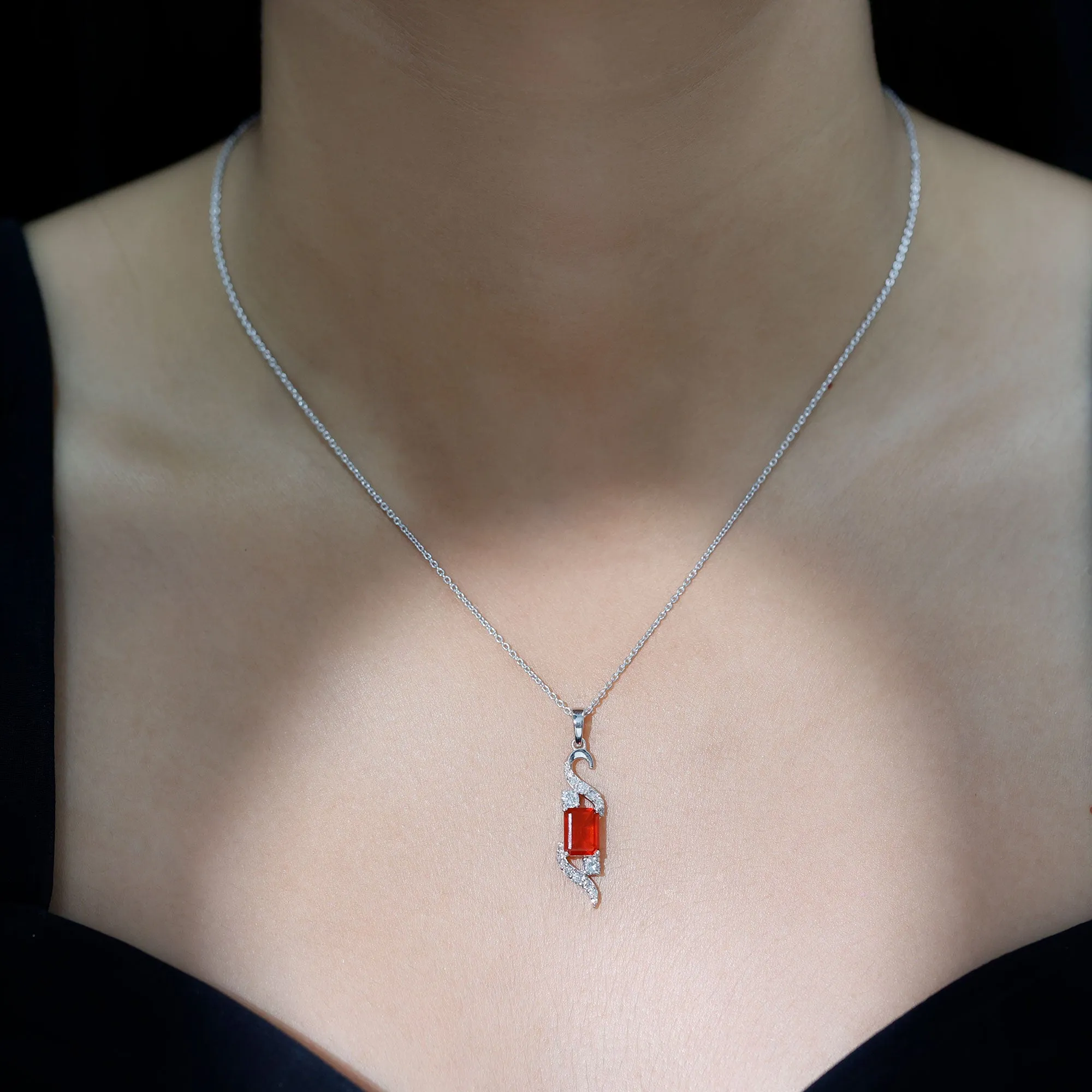2.25 CT Emerald Cut Fire Opal Designer Drop Pendant with Diamond