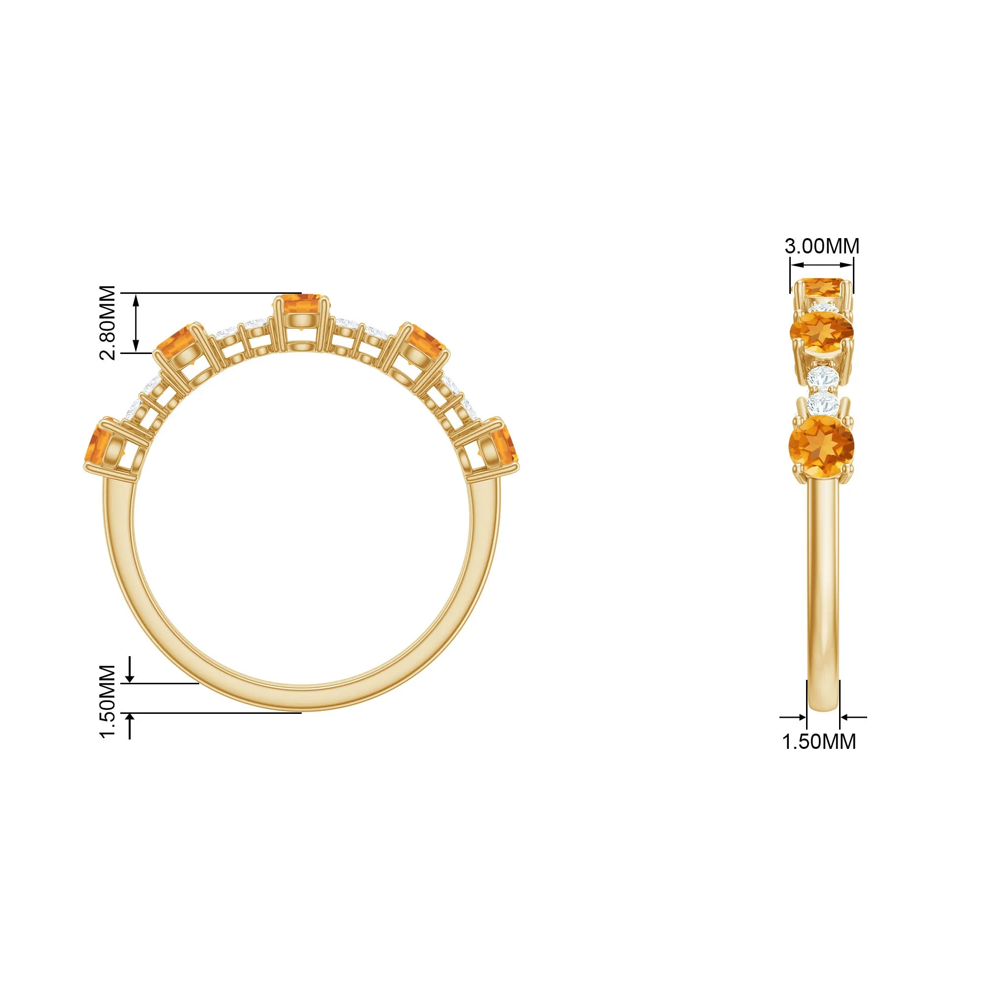 3/4 CT Citrine and Diamond Minimal Stackable Gold Ring